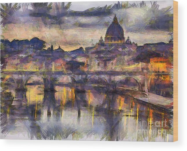 Rome Wood Print featuring the photograph Illuminated bridge in Rome Italy #1 by Sophie McAulay