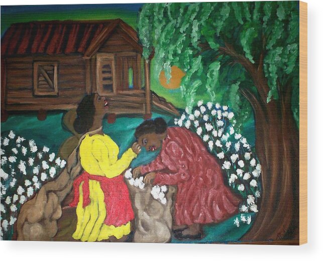 Primitive Art Folkart Blackart Ladies Cabin Cotton Trees Landscape Green Lawn Yellow Dress People Blackfolkart Southerngenre Southernculture Louisianaart Cottonfield Americana Africainamericanpaintings Africainamericanart Ruralart Wood Print featuring the painting Let's Go Home #1 by Mildred Chatman