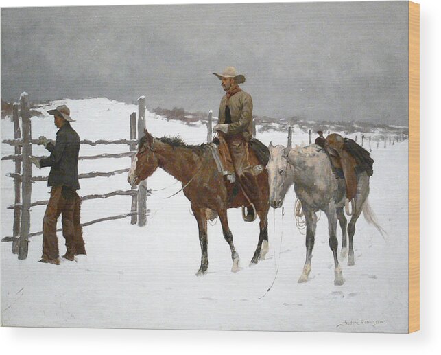 Frederic Remington Wood Print featuring the painting The Fall of the Cowboy #3 by Frederic Remington