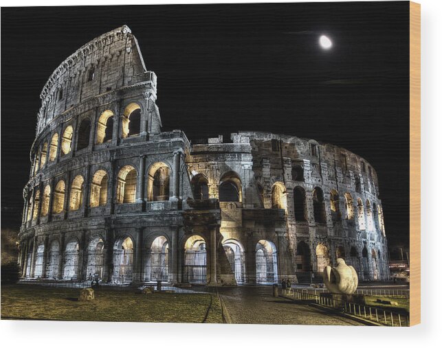 Colosseum Wood Print featuring the photograph The Moon above the Colosseum No2 by Weston Westmoreland