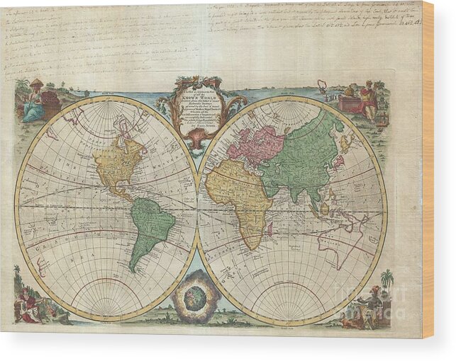 An Extremely Attractive 1744 Decorative Double Hemisphere World Map By The English Cartographer Emmanuel Bowen. This Beautiful Map Covers The Entire World As It Was Understood In The Middle Part Of The 18th Century Wood Print featuring the photograph 1744 Bowen Map of the World in Hemispheres by Paul Fearn