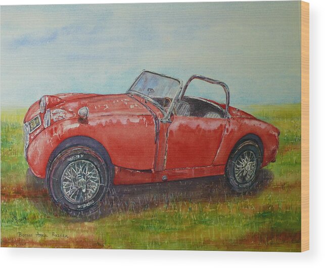 Austin-healey Wood Print featuring the painting 1958 Austin Healey Sprite Bugeye before restoration by Anna Ruzsan
