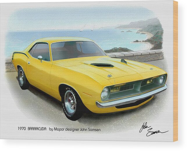 Automotive Fine Art Wood Print featuring the painting 1970 BARRACUDA classic Cuda Plymouth muscle car sketch rendering by John Samsen