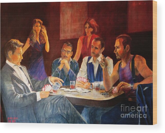 Four-man-at-the Pokertable--painting Wood Print featuring the painting Pokertable by Dagmar Helbig