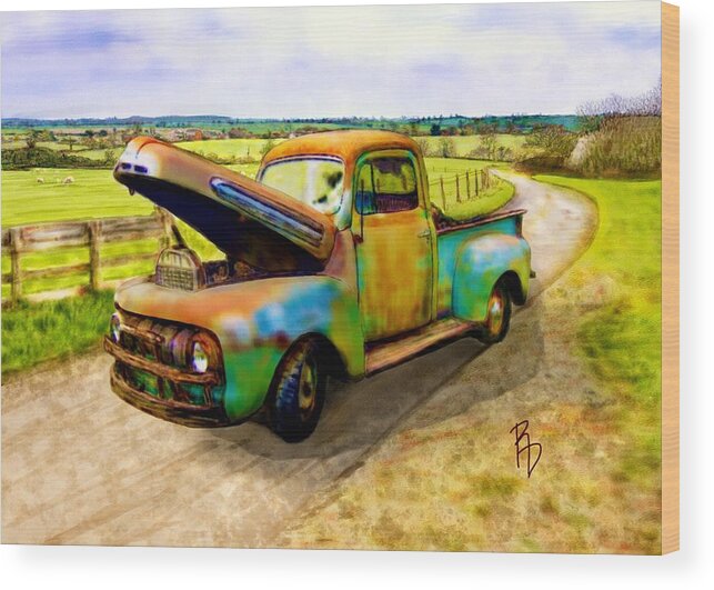 Watercolor Wood Print featuring the digital art 52 Ford F3 Pick-up Truck by Ric Darrell