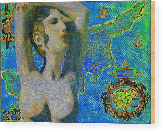 Augusta Stylianou Wood Print featuring the digital art Ancient Cyprus Map and Aphrodite #9 by Augusta Stylianou