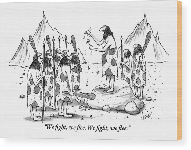 Cavemen Wood Print featuring the drawing A Group Of Cavemen Gather Around A Leader by Tom Cheney