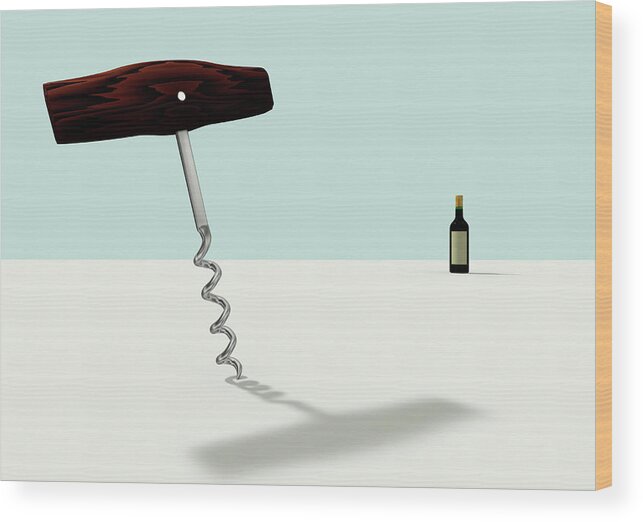 Corkscrew Wood Print featuring the digital art A Wine Opener And Wine by Yagi Studio