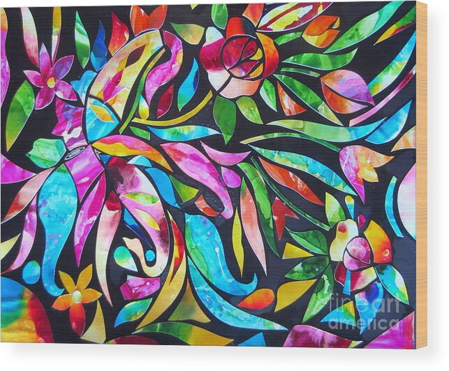 Abstract Wood Print featuring the painting Abstract Paisley and flowers by Roberto Gagliardi