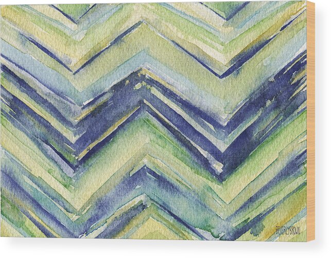 Abstract Wood Print featuring the painting Abstract Watercolor Painting - Blue Yellow Green Chevron Pattern by Beverly Brown Prints