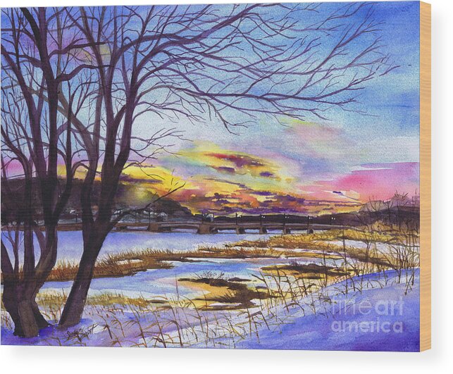Sunset Wood Print featuring the painting After The Blizzard Bayville by Susan Herbst