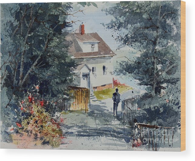 A Visitor Walks A Path To The Owl's Head Lighthouse Near Acadia National Park On A Sun Filled Afternoon. Wood Print featuring the painting Afternoon At Owl's Head Lighthouse by Monte Toon
