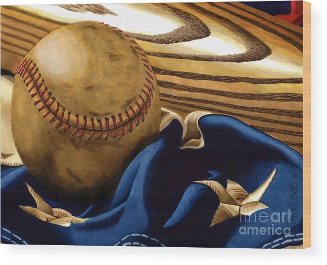 Baseball Wood Print featuring the drawing America's Pastime 3 by Cory Still