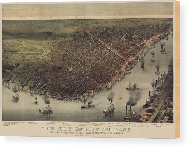 New Orleans Wood Print featuring the drawing Antique Map of New Orleans by Currier and Ives - circa 1885 by Blue Monocle