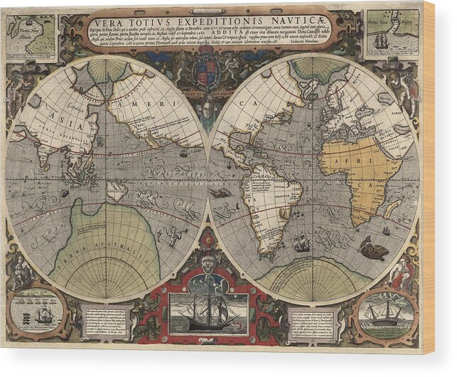 Map Wood Print featuring the drawing Antique Map of the World by Jodocus Hondius - circa 1565 by Blue Monocle