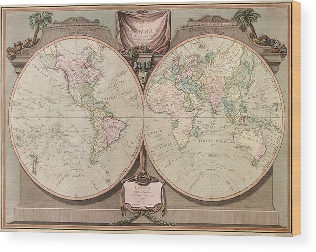 World Wood Print featuring the drawing Antique Map of the World by Robert Laurie and James Whittle - 1808 by Blue Monocle