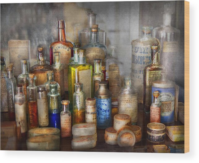 Pharmacy Wood Print featuring the photograph Apothecary - For all your Aches and Pains by Mike Savad