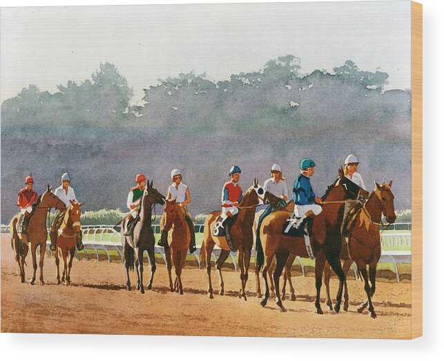 Horse Racing Wood Print featuring the painting Approaching the Starting Gate by Mary Helmreich
