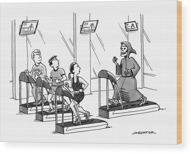 Grim Reaper Wood Print featuring the drawing At A Gym, Death Runs On A Treadmill Behind Three by Joe Dator