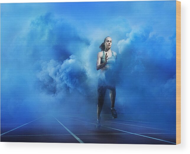 Copenhagen Wood Print featuring the photograph Athlete Running Through Blue Smoke by Henrik Sorensen