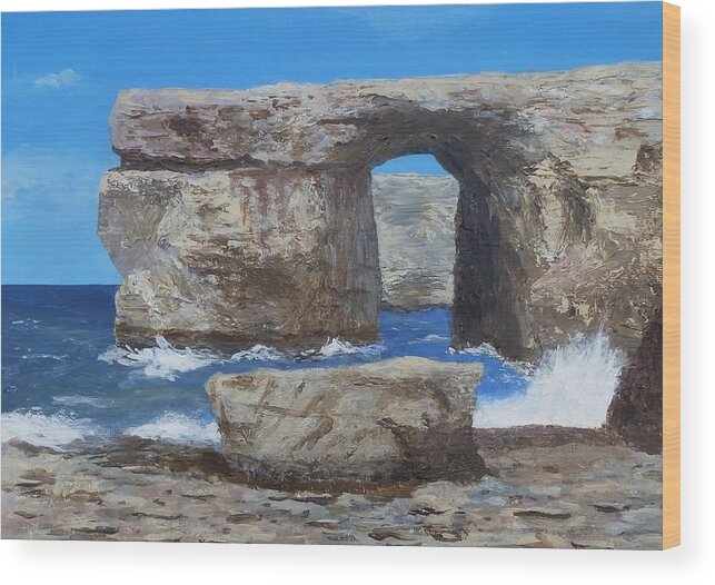 Azure Window Wood Print featuring the painting Azure Window Gozo Malta by Nigel Radcliffe