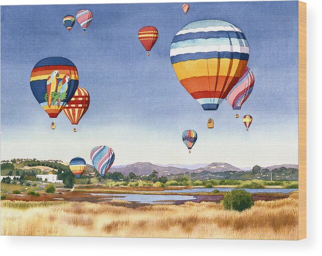 Encinitas Wood Print featuring the painting Balloons over San Elijo Lagoon Encinitas by Mary Helmreich