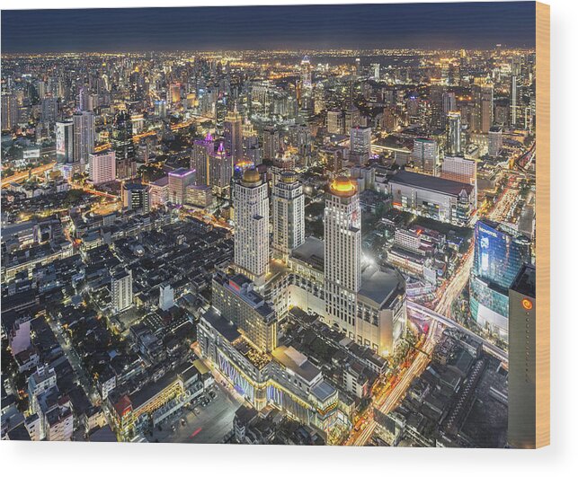 Built Structure Wood Print featuring the photograph Bangkok Night Highest View by Santi Sukarnjanaprai