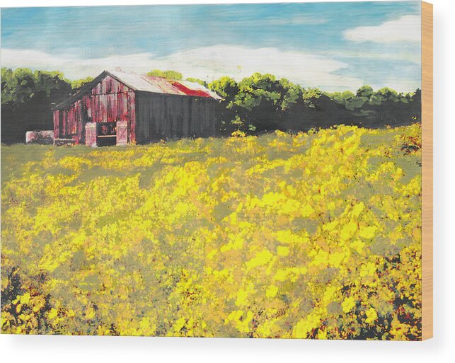 Fine Art Wood Print featuring the painting Barn Yellow Spring Fields Maryland Landscape Fine Art Painting by G Linsenmayer
