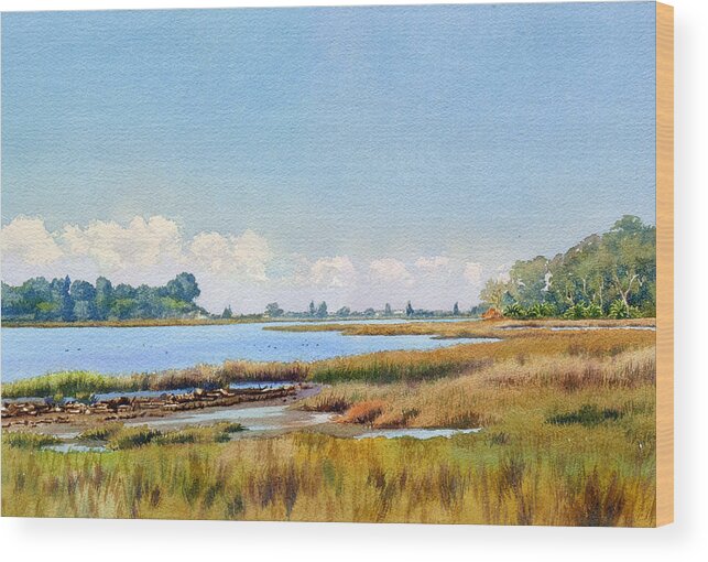 Batiquitos Wood Print featuring the painting Batiquitos Lagoon Marshland by Mary Helmreich