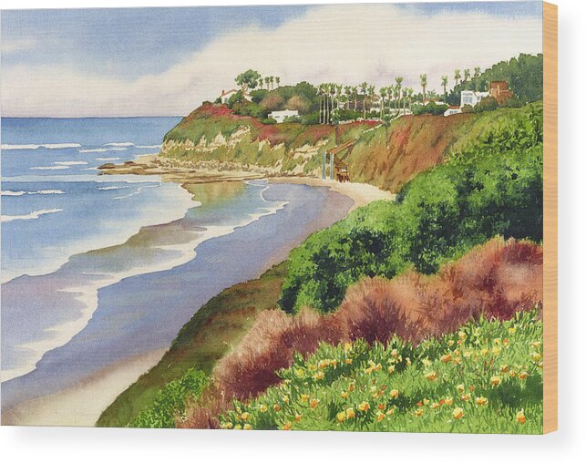 Encinitas Wood Print featuring the painting Beach at Swami's Encinitas by Mary Helmreich