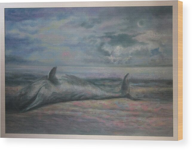 Landscape- Whale- Moon - Imaginary Landscape - Pastel Wood Print featuring the drawing Beached Whale by Paez Antonio