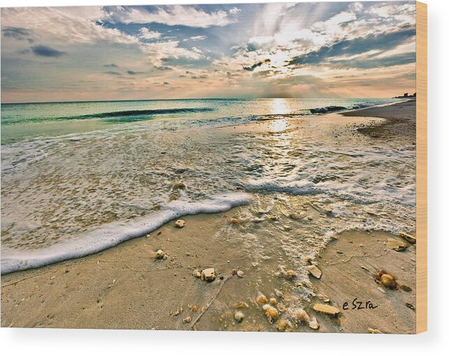 Beautiful Beach Wood Print featuring the photograph Beautiful Beach Blue Sea Sunset by Eszra Tanner