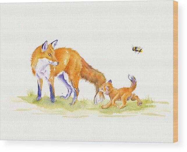 Fox Wood Print featuring the painting Bee-loved by Debra Hall