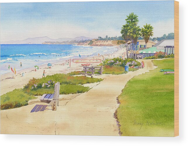 Beach Wood Print featuring the painting Benches at Powerhouse Beach Del Mar by Mary Helmreich