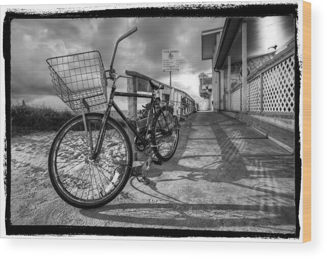 Clouds Wood Print featuring the photograph Black and White Beach Bike by Debra and Dave Vanderlaan