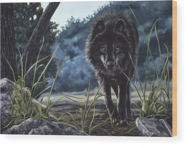 Wolf Wood Print featuring the painting Black Wolf Hunting by Lucie Bilodeau