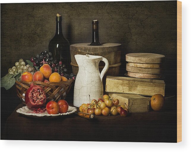Luis Melendez Wood Print featuring the photograph Bodegon with White Jug-Pommegranate-Jalea Boxes and Cooler by Levin Rodriguez