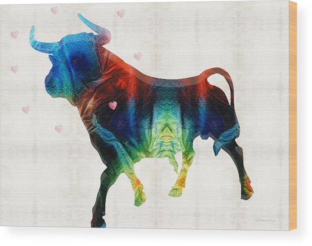 Cow Wood Print featuring the painting Bull Art - Love A Bull 2 - By Sharon Cummings by Sharon Cummings