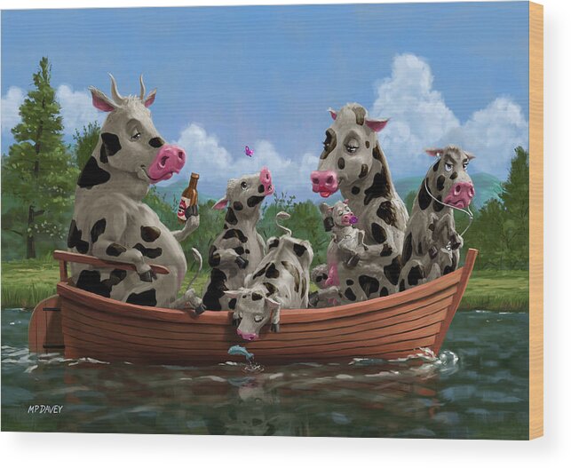 Cow Wood Print featuring the painting Cartoon Cow Family on Boating Holiday by Martin Davey