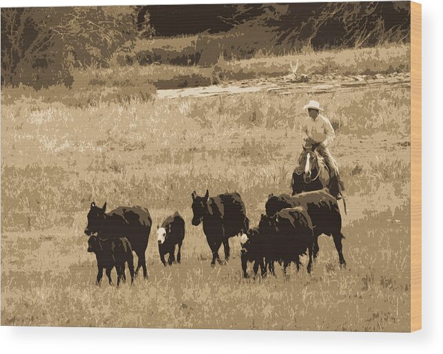 Cowboy Wood Print featuring the photograph Cattle Round Up Sepia by Athena Mckinzie