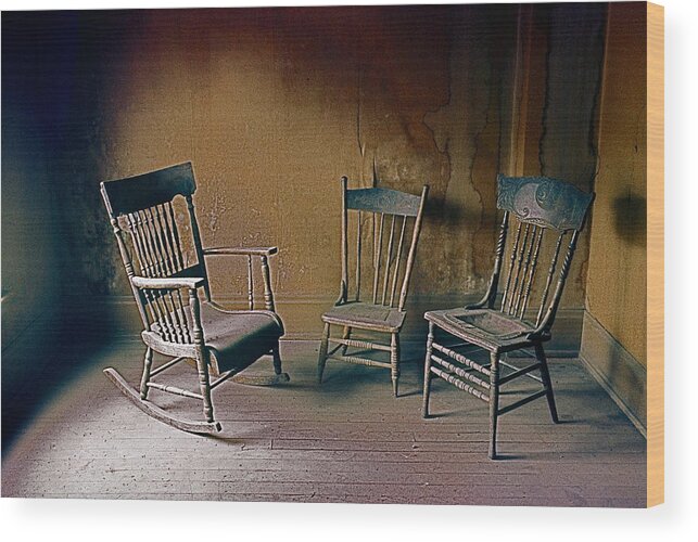 Chairs Antlers Hotel Ghost Town Victor  Colorado 1971-2013 Wood Print featuring the photograph Chairs Antlers Hotel ghost town Victor  Colorado 1971-2013 by David Lee Guss