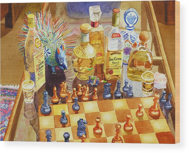 Tequila Wood Print featuring the painting Chess and Tequila by Mary Helmreich