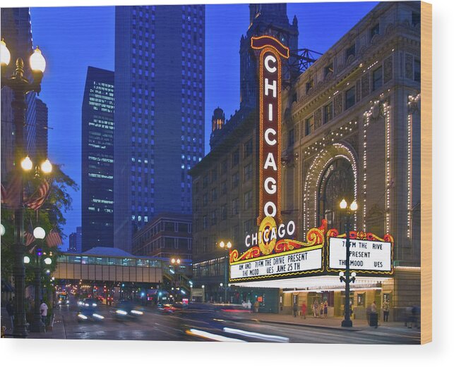 Photography Wood Print featuring the photograph Chicago Theatre Marquee At Night by Panoramic Images
