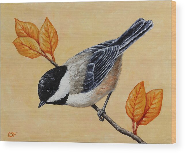 Bird Wood Print featuring the painting Chickadee and Autumn Leaves by Crista Forest