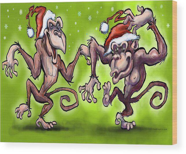 Christmas Wood Print featuring the painting Christmas Monkeys by Kevin Middleton
