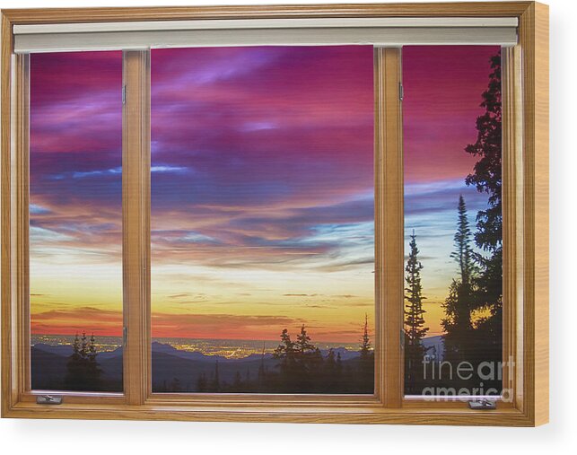 Windows Wood Print featuring the photograph City Lights Sunrise Classic Wood Window View by James BO Insogna