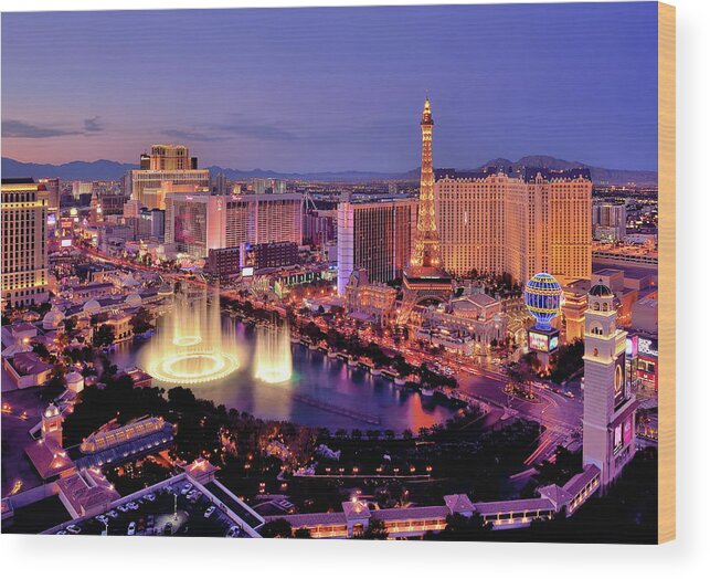 Built Structure Wood Print featuring the photograph City Skyline At Night With Bellagio by Rebeccaang