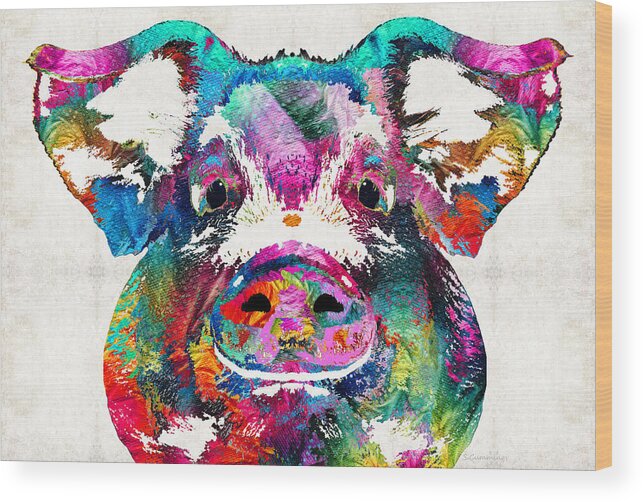 Pig Wood Print featuring the painting Colorful Pig Art - Squeal Appeal - By Sharon Cummings by Sharon Cummings