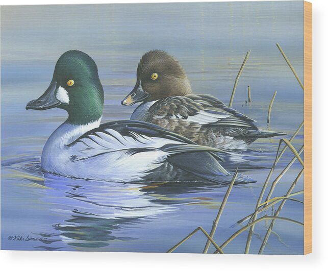 Common Goldeneye Wood Print featuring the painting Common Goldeneye by Mike Brown