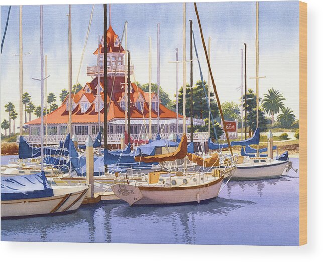 San Diego Wood Print featuring the painting Coronado Boathouse by Mary Helmreich